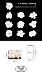 Floral PET stickers detail view showing 10 flower designs and size guide with iPhone X