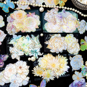 Aesthetic PET floral stickers with gold laser edges and butterflies for DIY crafts