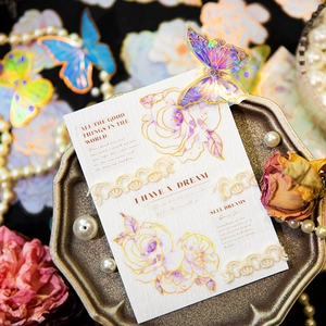 Floral PET stickers and lace DIY scrapbook materials in romantic vintage tray setup