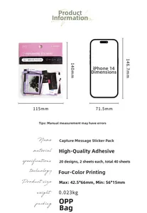 Detailed size comparison of 40-piece stationery sticker pack against a smartphone