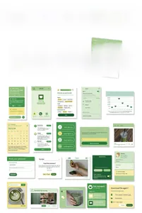 Detailed close-up of green aesthetic Korean stickers with modern app UI interface designs