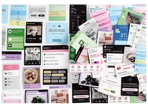 Detail of smartphone UI style stickers featuring music players and app notifications