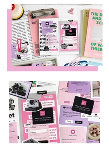 Detailed view of aesthetic social media stickers in pink and purple for scrapbooking