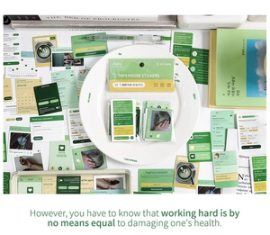 Detail of green social media UI style stickers for journaling with stationery background