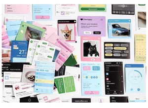 Flat lay of Korean style paper stickers featuring creative mobile UI widgets and icons