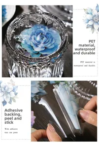 Macro shot of waterproof blue rose PET stickers with adhesive backing for DIY journaling