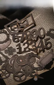 Detailed view of vintage hollowed-out cardstock shapes with numbers and gears on old books