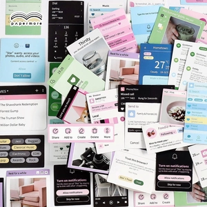 Stack of colorful UI style planner stickers featuring music, weather, and social media icons