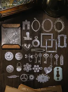 Close-up of vintage punk style hollow metal charms including keys and gears