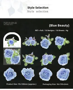 Detail of blue rose PET stickers with gold foil accents for DIY journaling decoration