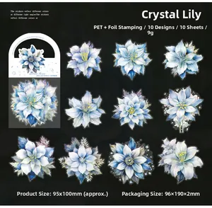Macro detail of blue crystal lily PET stickers with reflective gold foil floral patterns