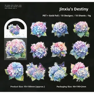Detail of blue hydrangea floral PET stickers with gold foil accents for scrapbooking