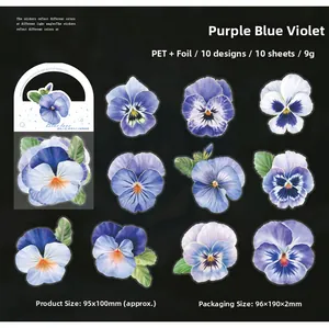 Detail of blue violet PET stickers with gold foil stamping and delicate floral textures