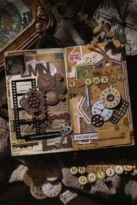 Detail of retro punk aesthetic stickers featuring vintage clocks and gears for scrapbooking