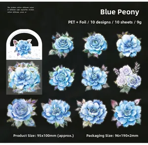 Detailed view of blue peony PET stickers with gold foil accents for DIY journaling
