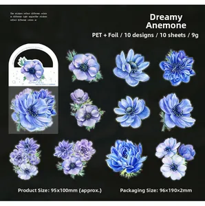 Macro view of blue sea anemone PET stickers with gold foil details and floral patterns