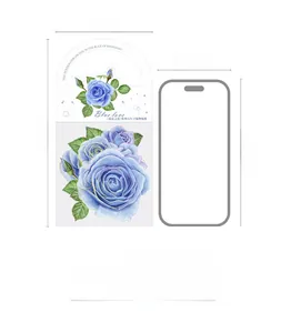 Detailed size comparison of blue rose botanical stickers with dimensions and phone reference