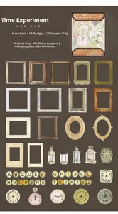 Macro layout of 30 retro punk lab cardstock pieces with frames and clock motifs