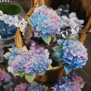 Floral PET stickers with blue hydrangea and gold foil details for DIY journaling decoration