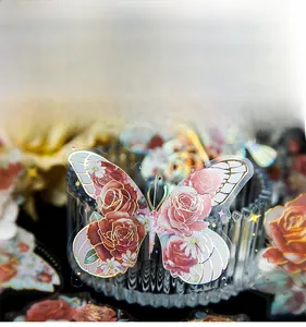 Detail of butterfly and rose PET stickers featuring golden laser hot stamping craft