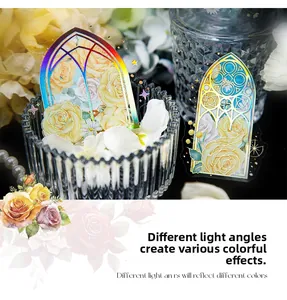 Detail of rose and window window laser stickers with iridescent rainbow finish effect