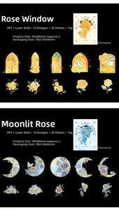 Detail of PET laser gold rose stickers, 20 pieces set for scrapbooking decoration