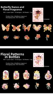 Detail view of gold foiled PET floral stickers featuring butterflies and roses on black background