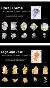 Detail of PET laser gold stickers with purple and orange rose patterns for DIY journaling