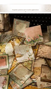 Dettaglio di carta decorativa vintage con motivi floreali e orologi su macchina da scrivere