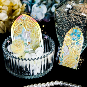 Gothic rose window stickers with laser gold foil floral theme for journaling