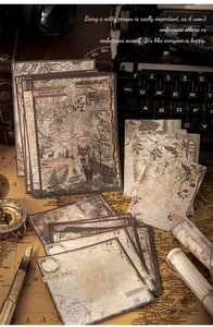 Detail of vintage scrapbooking paper featuring forest foxes and antique map patterns