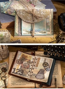 Flat lay of vintage scrapbooking paper set with antique envelopes and floral postcards