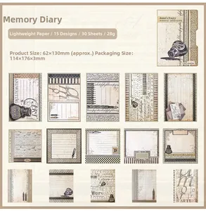 Flat lay of vintage scrapbooking paper set with 15 designs including antique ink bottles