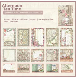 Detail of vintage scrapbooking paper set featuring Victorian tea time motifs and floral designs