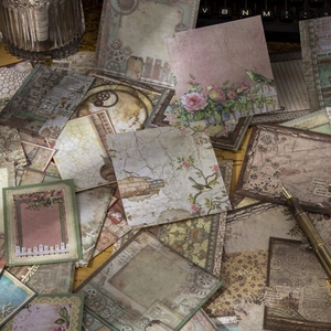 Vintage scrapbooking material paper set with floral, bird and industrial gear designs