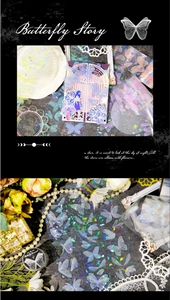 Macro detail of laser gold butterfly stickers with vintage PET paper frames for journaling