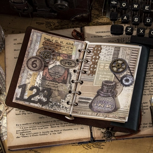 Set de papel vintage para scrapbooking con engranajes steampunk y etiquetas retro para diario