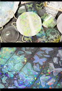 Detail of PET decorative tape with laser holographic butterfly patterns for DIY scrapbooking