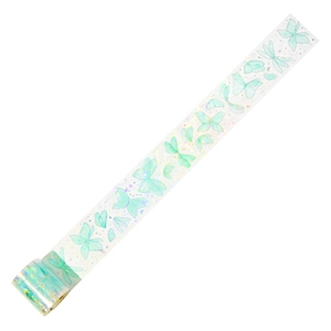 Iridescent laser gold butterfly PET tape for scrapbooking with green floral accents