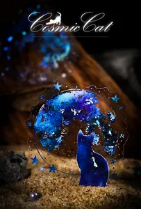 Macro shot of a cosmic cat PET sticker with shell light effect in a starry scene