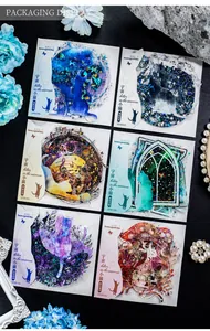 Detailed view of 5-piece laser PET stickers featuring kittens in the universe scenes