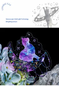 Detail of 3D shell light PET sticker featuring a cosmic cat on a moon with glitter finish