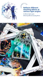 Close-up of Cosmic Cat PET stickers with holographic shell light and iridescent effects