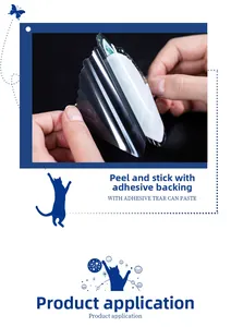 Detail of self-adhesive PET space cat sticker being peeled off from transparent backing
