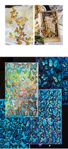 Detailed holographic butterfly stickers with gold foil and iridescent laser effect on PET