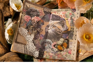 Λεπτομέρεια vintage χαρτί scrapbooking με σχέδια γάτας, δαντέλα και ρετρό κολάζ