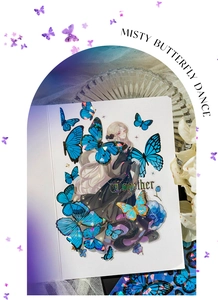 Detail of misty butterfly stickers with holographic laser finish and silver hair anime girl