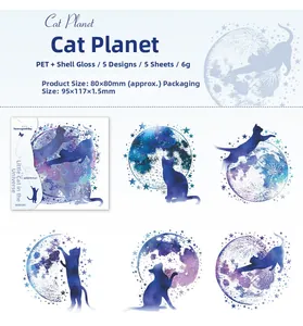 Detail of Cat Planet PET stickers with shell light effect and celestial kitten patterns