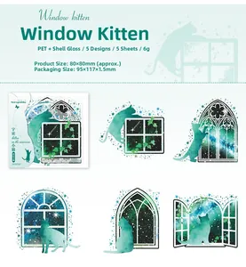Detailed view of Space Cat PET stickers with shell light craft and cosmic window designs