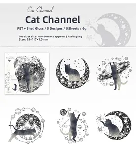 Detail showing PET cosmic cat stickers with shell luster and 80x80mm dimensions